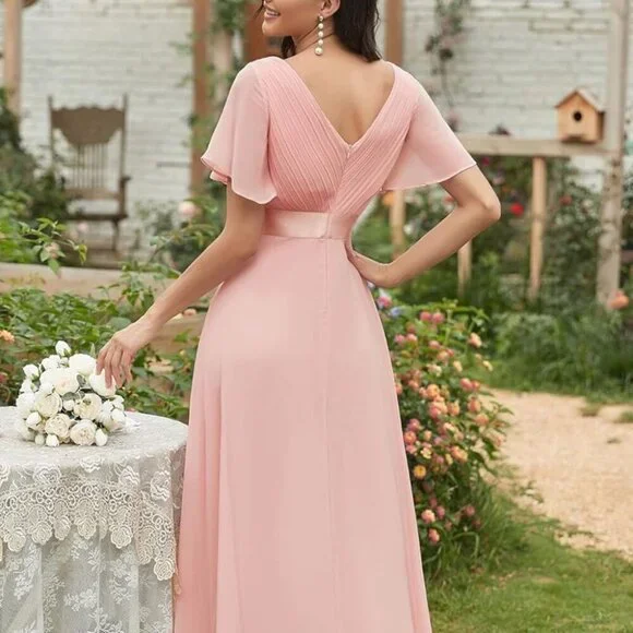 Surplice Flutter Sleeve Maxi Dress | A-Line Formal Solid Dress - Picture 7 of 9